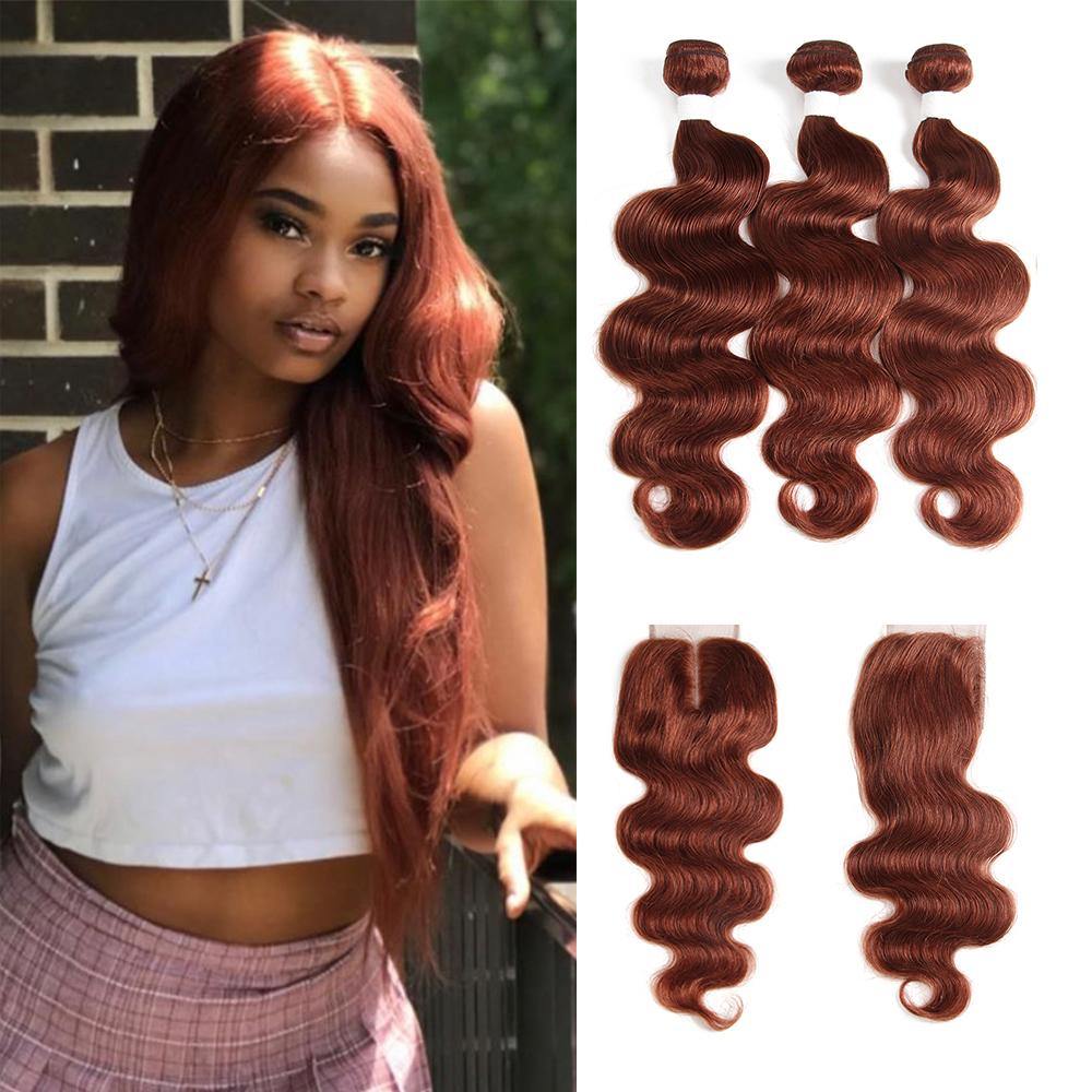 Body Wave Auburn Cooper Red Human Hair Weave 3Bundles Lace Closure