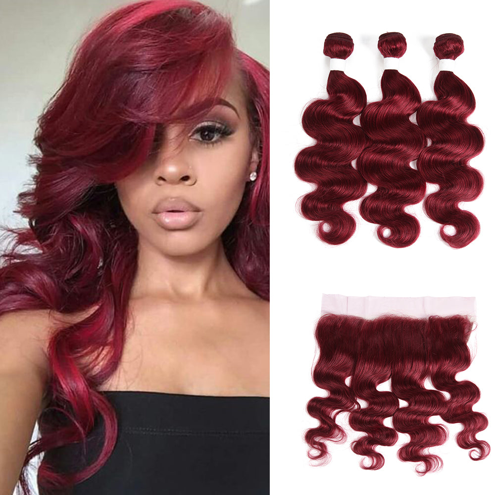 Burgundy Red Body Wave Human Hair 3 Bundles With Lace Frontal