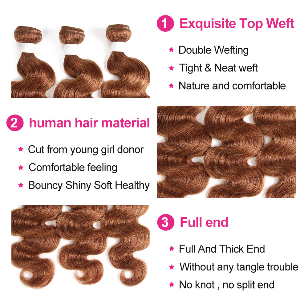 Kemy Hair Light Brown Body Wave Human Hair 3Bundles with 4×4 Lace Closure
