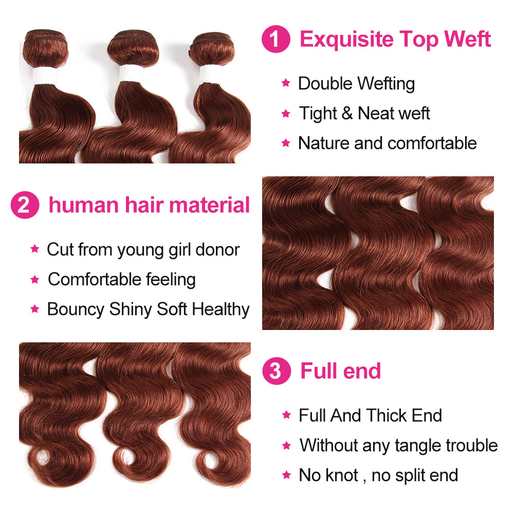 Kemy Hair Auburn Brown Body Wave Three Human Hair Bundles