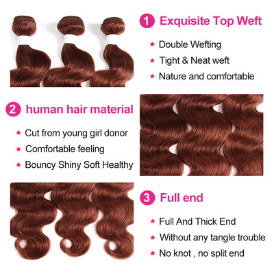 Kemy Hair Auburn Brown Body Wave Three Human Hair Bundles