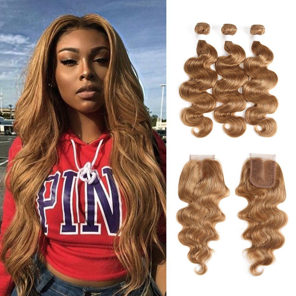 Kemy Hair Body Wave Honey Blonde Human Hair Three Bundles with Lace Closure