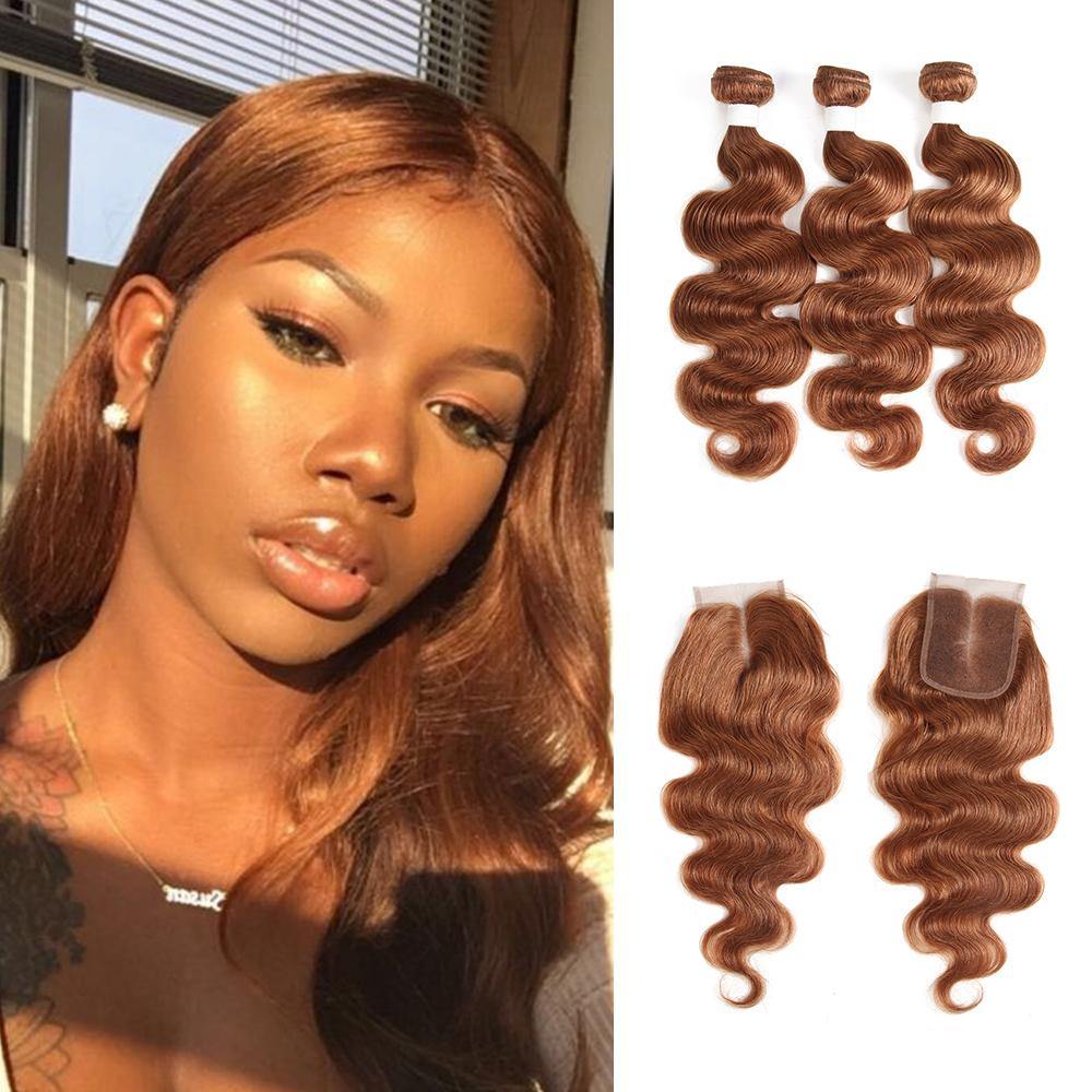 Kemy Hair Body Wave Brown Human Hair Weave 3 Bundles with Free /Middle Part 4×4 Lace Closure (30) - Kemy Hair