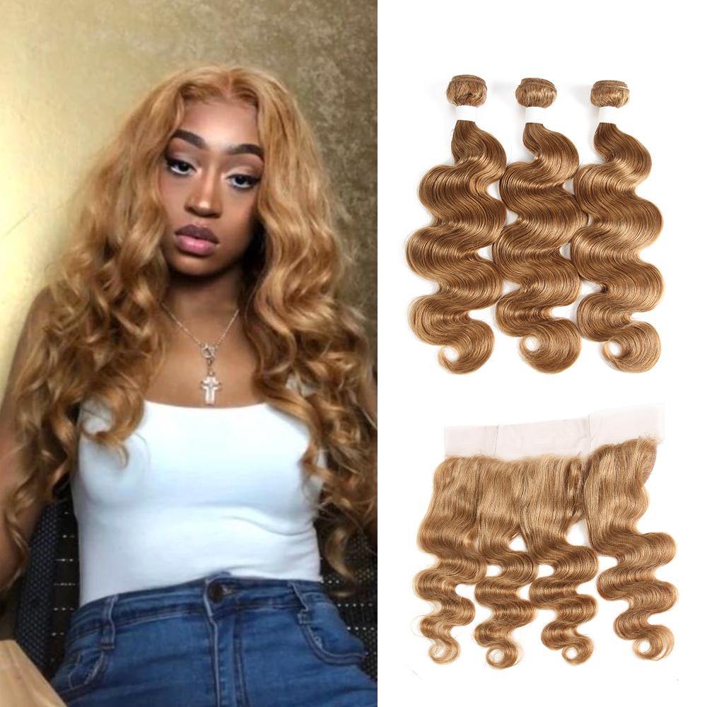 Kemy Hair Honey Blonde Body Human Hair 3Bundles With 4×13 Lace Frontal
