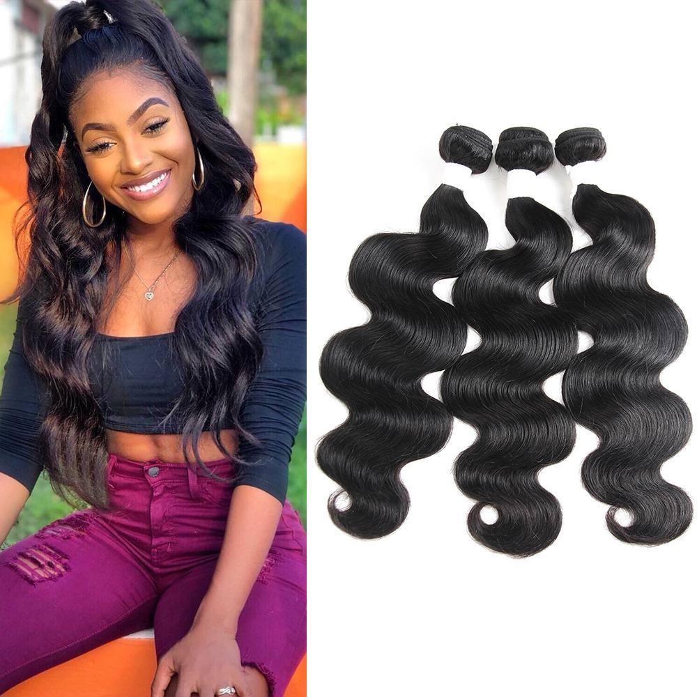 Kemy Hair Colored Black 100% Human Hair Weave BODY Wave Three Hair Bundles 8-26 inch (1B) - Kemy Hair