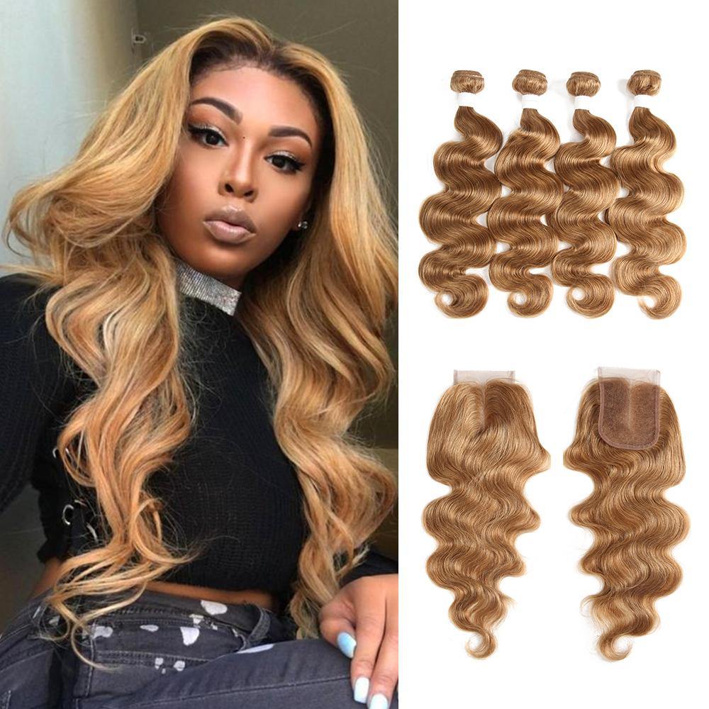 Kemy Hair Honey blonde Body Wave Human Hair 4Bundles With 4×4 Lace Closure