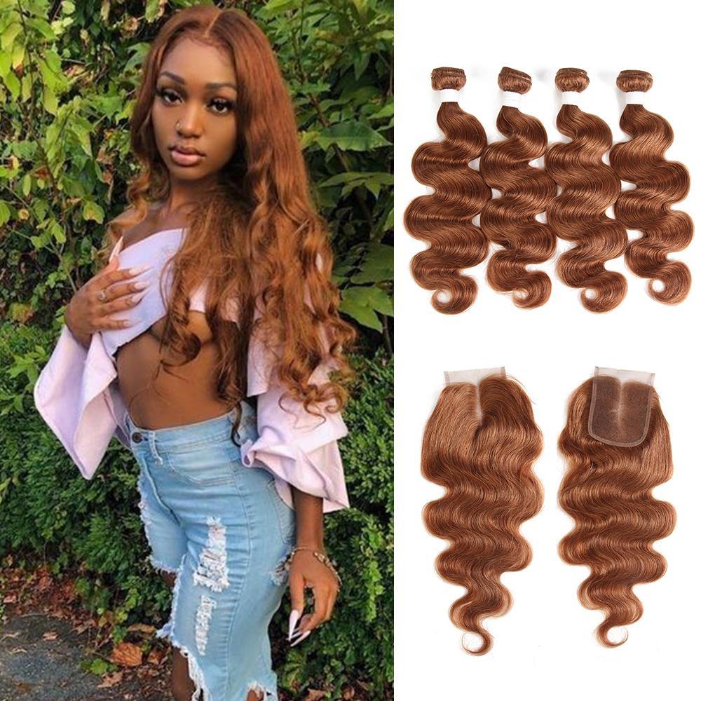 Kemy Hair Body Wave Brown Human Hair 4 Bundles Weave with One Free/Middle Part 4×4 Lace Closure (30) - Kemy Hair