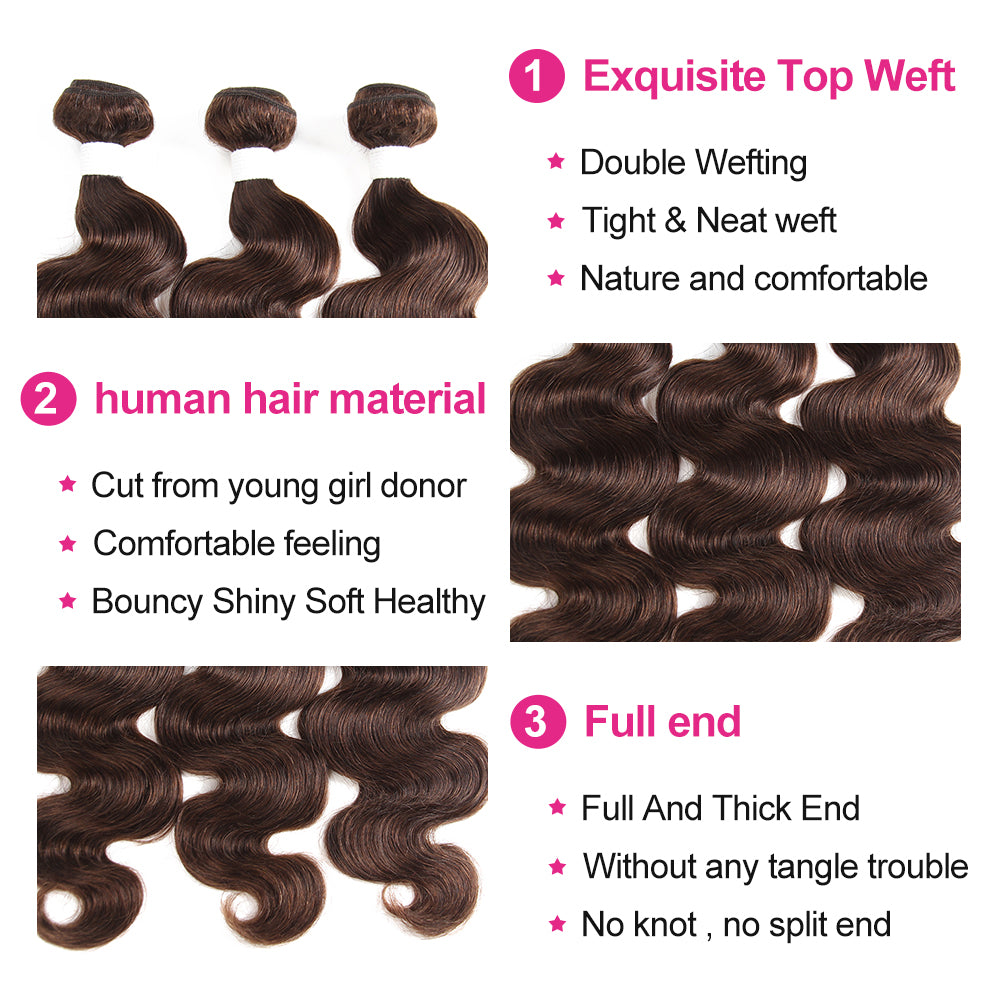 Kemy Hair Medium Brown Colored Body Wave Remy Human Hair Weave Bundles 4 PCS