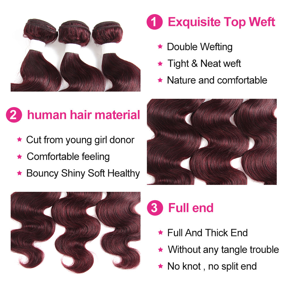 Kemy Hair 99j burgundy Body Wave Human Hair 3Bundles with 4×13 Lace Frontal(99J)