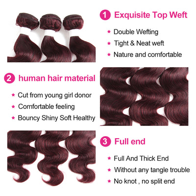 Kemy Hair 99j burgundy Body Wave Human Hair 3Bundles with 4×13 Lace Frontal(99J)