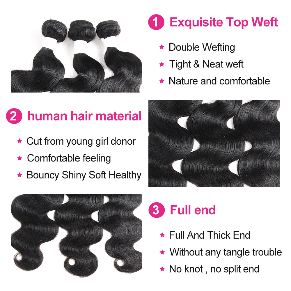 Natrual Black Colored 100% Human Hair Weave Body Wave Three Hair Bundles