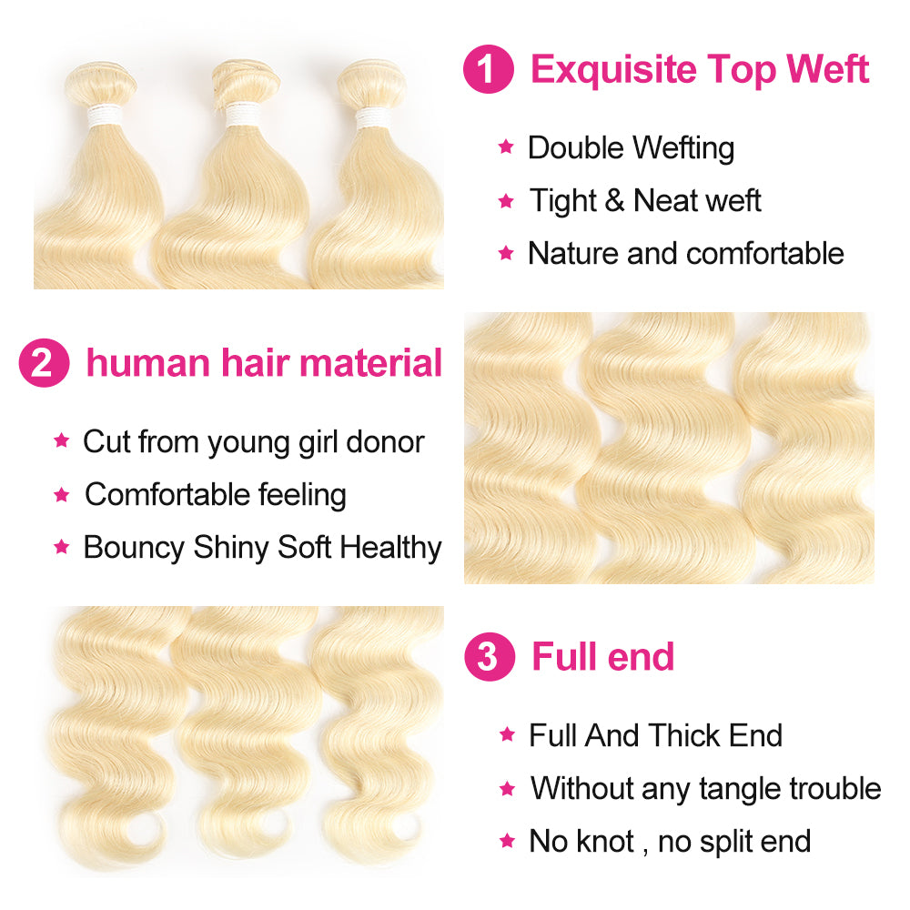 Kemy Hair 613 Blond Body Wave Remy Three Human Hair Bundles 8''-26''