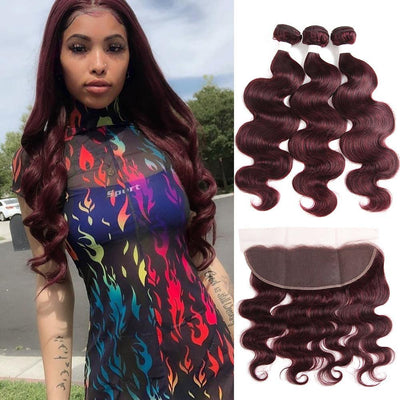 Kemy Hair 99j burgundy Body Wave Human Hair 3Bundles with 4×13 Lace Frontal(99J)