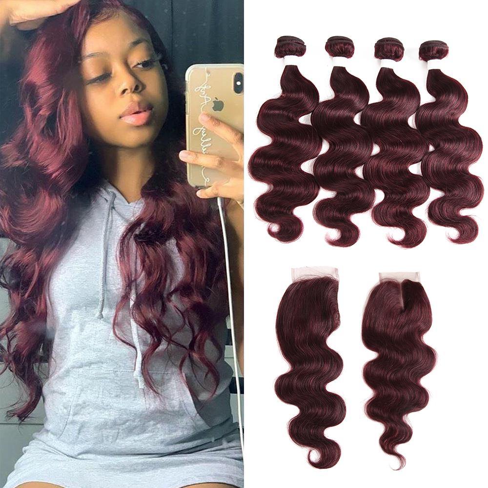 Body Wave Maroon Red Human Hair 4 Bundles Weave with One Free/Middle Part 4×4 Lace Closure (99J) (2851713679460)