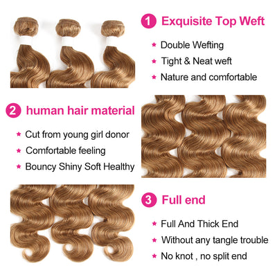 Kemy Hair Honey blonde Body Wave Human Hair 4Bundles With 4×4 Lace Closure