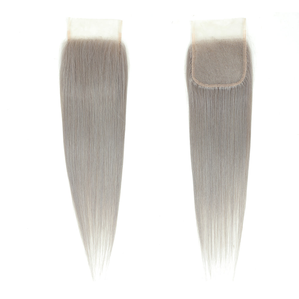 Kemy Hair Straight Silver Gray Remy 3Bundles Human Hair with 4×4 Lace Closure