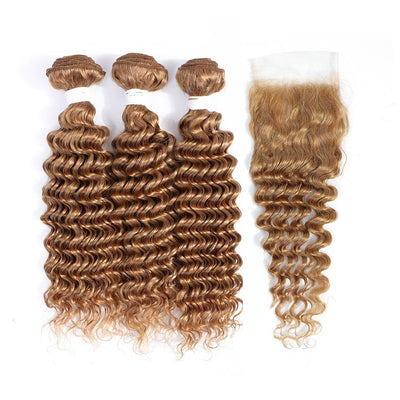 Kemy Hair Deep Wave Honey Blonde Human Hair 3Bundles With 4×4 Lace Closure