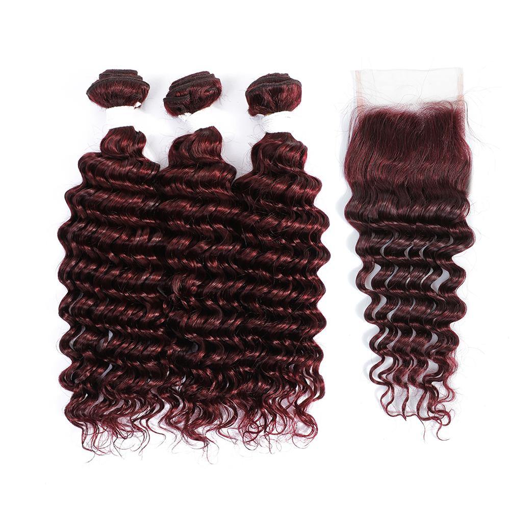 Kemy Hair 3 Deep Wave Maroon Red Human Hair Bundles with 4×4 Lace Closure (99J) - Kemy Hair