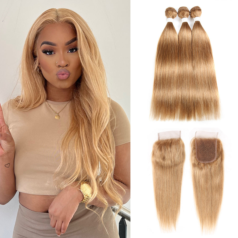 Kemy Hair Honey Blonde 3Bundles Straight Human Hair Weave With Lace Closure