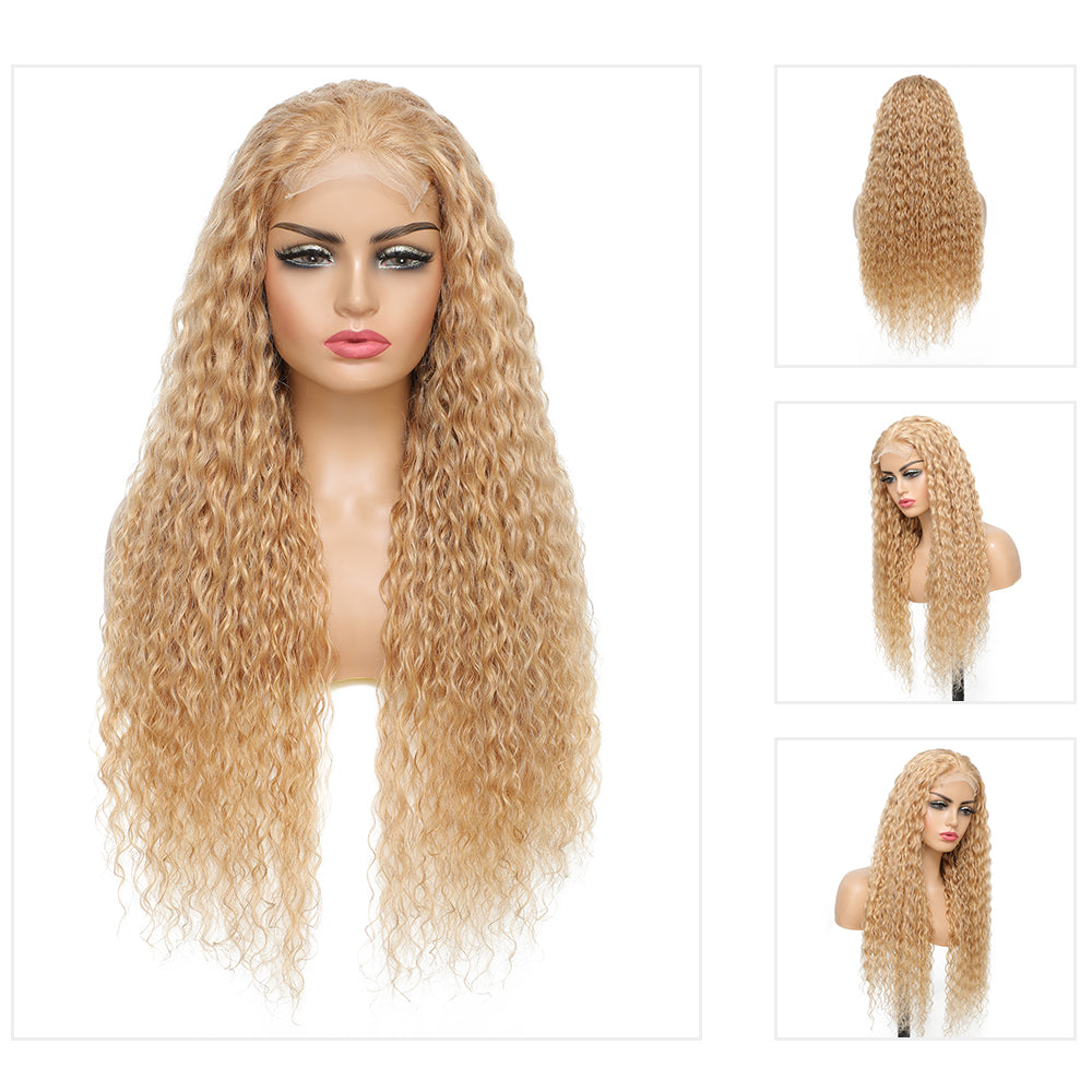 Kemy Hair Custom Honey Blonde Water Wave Human Hair 4x4 Lace Closure wigs 14''-24''