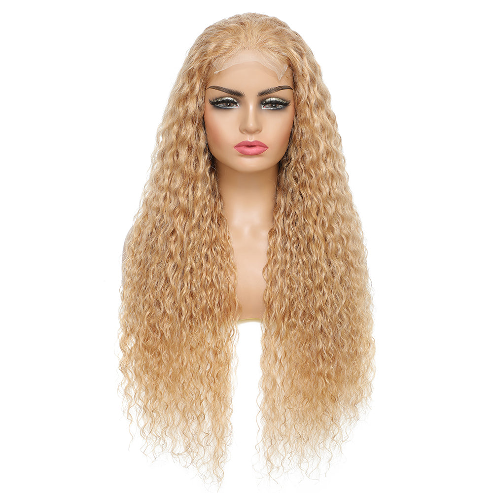 Kemy Hair Custom Honey Blonde Water Wave Human Hair 4x4 Lace Closure wigs 14''-24''