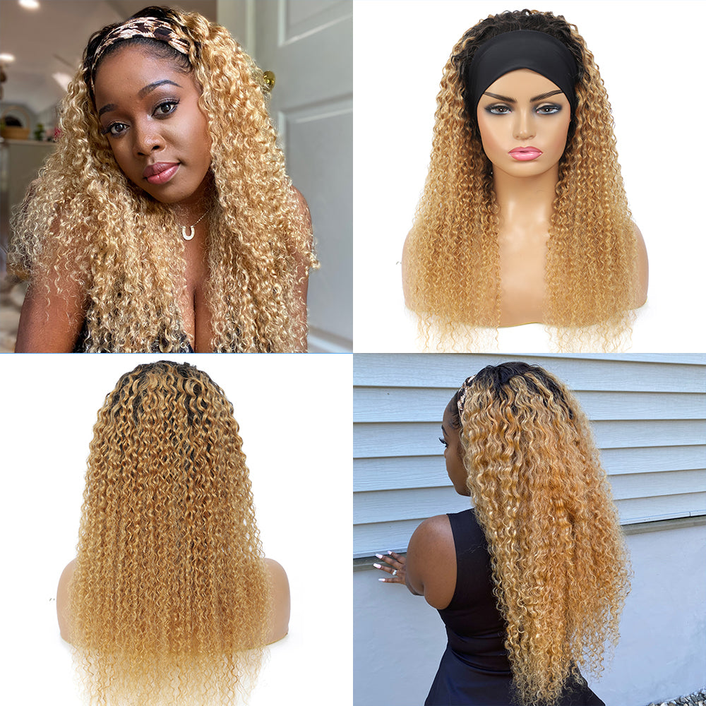 Kinky Curly Human Hair Headband Wig Ombre Honey Blonde (14''-26'')(T1B/27)