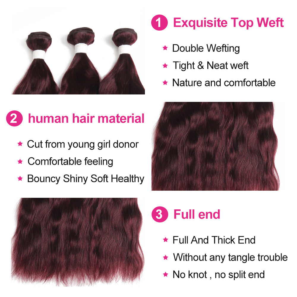 Kemy Hair 99j burgundy Natural Wave Three Human Hair Bundles