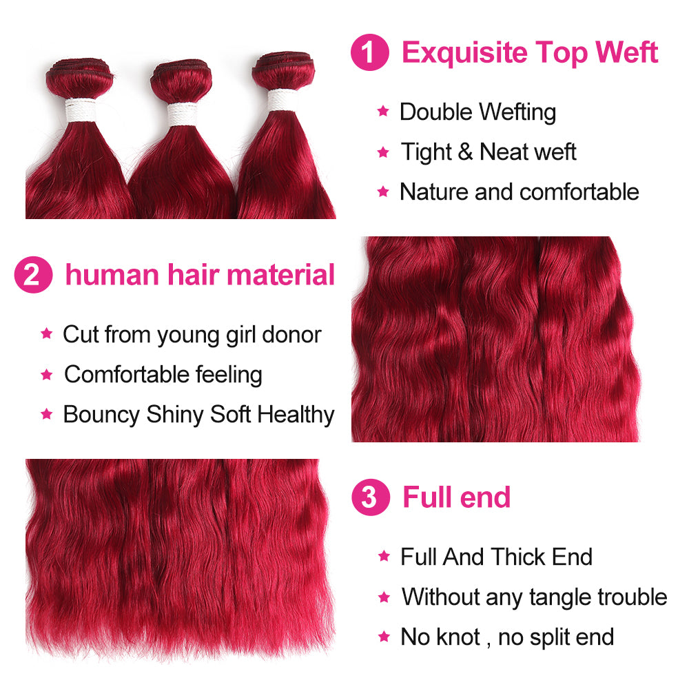 Kemy Hair Burgundy Red Natural Wavy  Four Human Hair Bundles