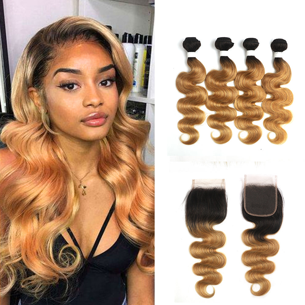 Ombre 27 Body Wave 4 Human Hair Bundles with One 4×4 Free/Middle Lace Closure (4249228902470)