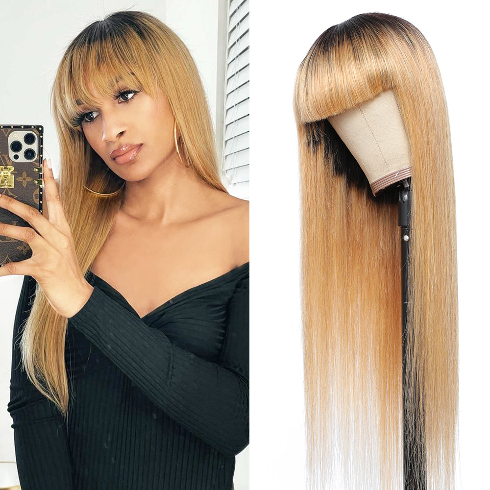 Kemy Hair Ombre Honey Blonde Straight Human Hair Wigs with Bang 14''-28''
