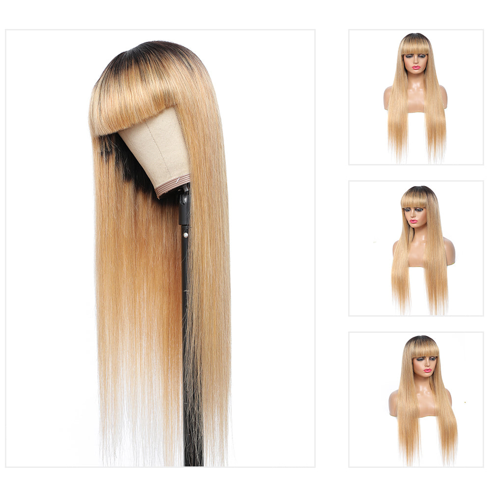 Kemy Hair Ombre Honey Blonde Straight Human Hair Wigs with Bang 14''-28''