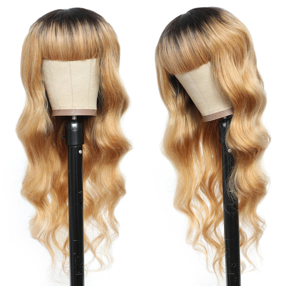 Kemy Hair Ombre Honey Blonde Body Wave Human Hair Wigs with Bang 14''-28'' （T1B/ 27）