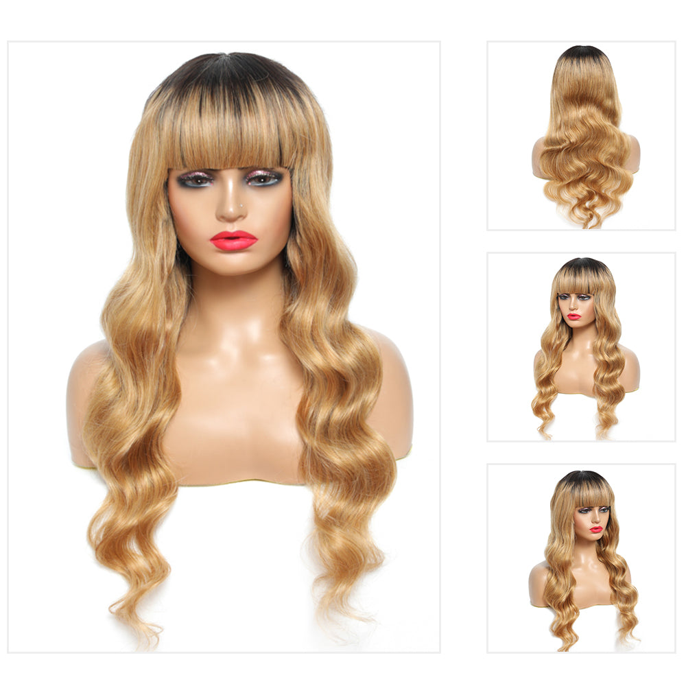 Kemy Hair Ombre Honey Blonde Body Wave Human Hair Wigs with Bang 14''-28'' （T1B/ 27）