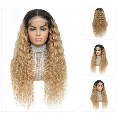 Kemy Hair Custom Ombre Honey Blonde Deep Wave Human Hair 4x4 Lace Closure wigs 14''-24''(T1B/27)
