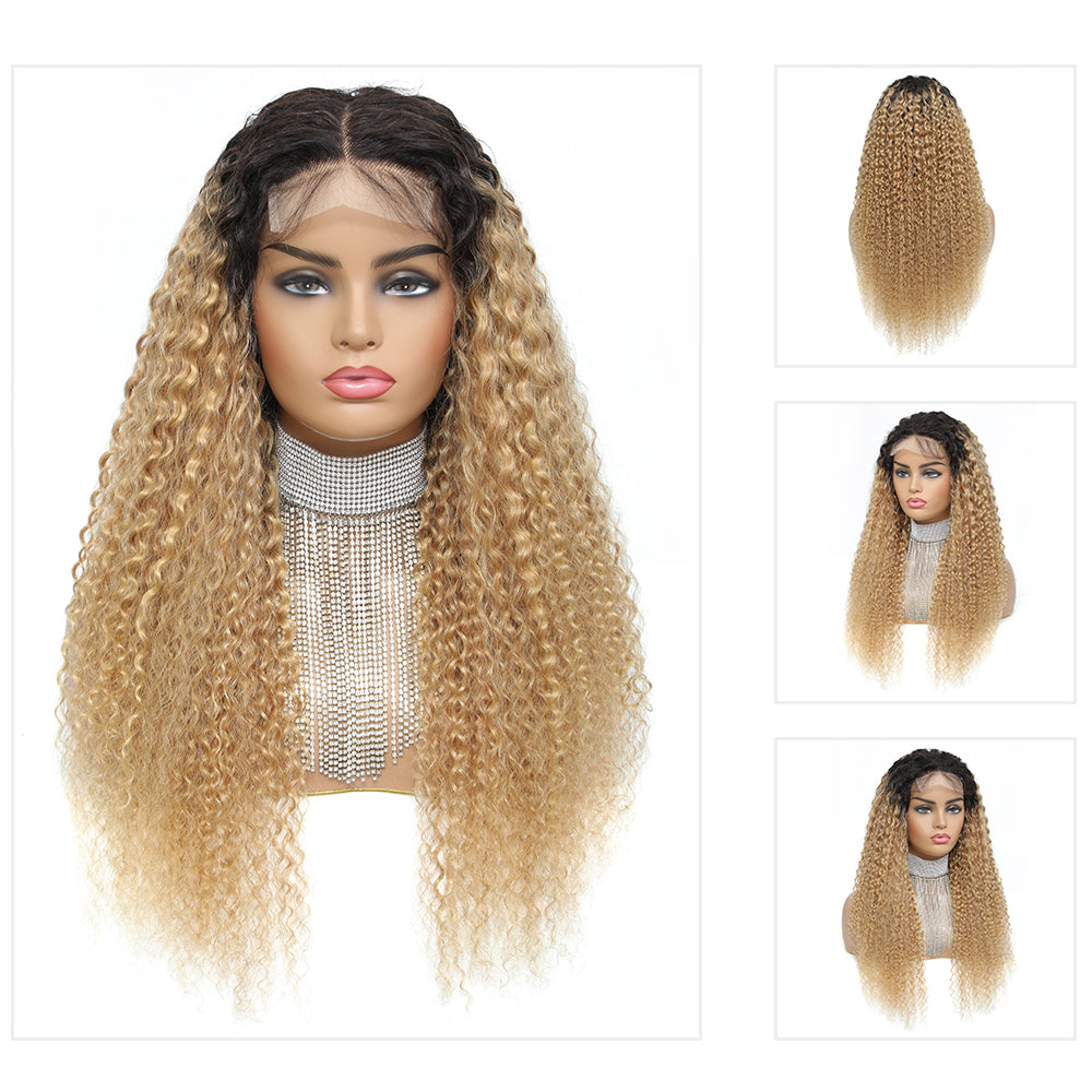 Kemy Hair Custom Ombre Honey Blonde Kinky Curly Human Hair 4x4 Lace Closure wigs 14''-24''(T1B/27)