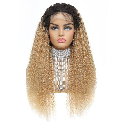Kemy Hair Custom Ombre Honey Blonde Kinky Curly Human Hair 4x4 Lace Closure wigs 14''-24''(T1B/27)