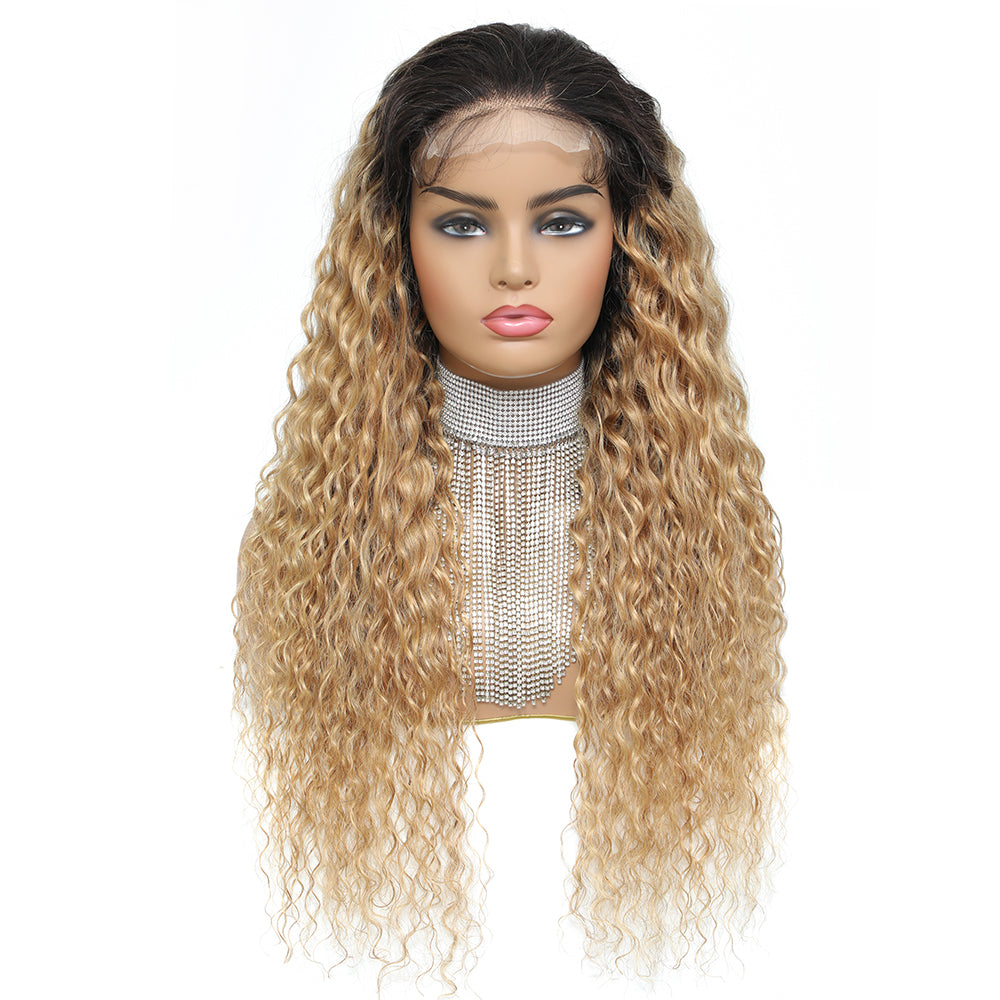 Kemy Hair Custom Ombre Honey Blonde Deep Wave Human Hair 4x4 Lace Closure wigs 14''-24''(T1B/27)