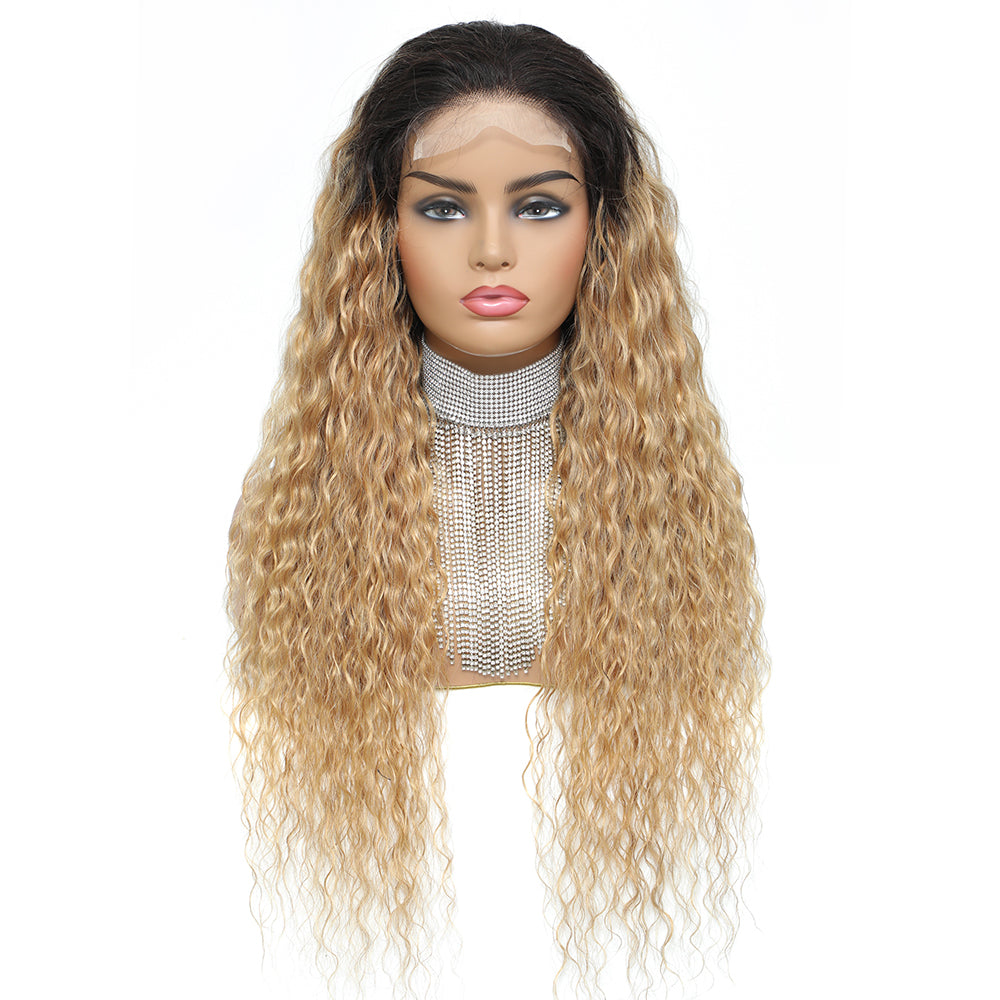 Kemy Hair Custom Ombre Honey Blonde Water Wave Human Hair 4x4 Lace Closure wigs 14''-24''(T1B/27)