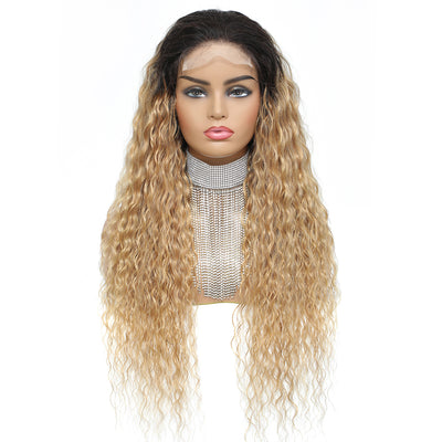 Kemy Hair Custom Ombre Honey Blonde Water Wave Human Hair 4x4 Lace Closure wigs 14''-24''(T1B/27)