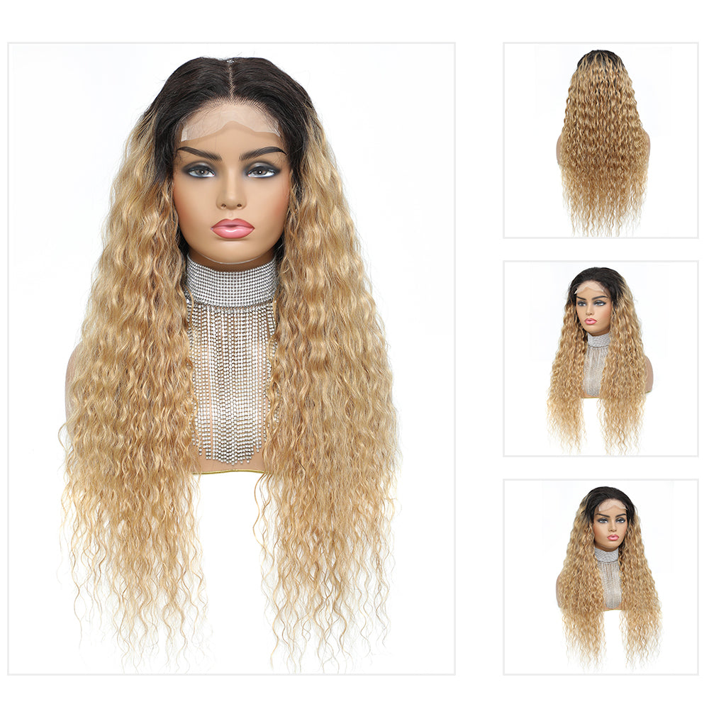 Kemy Hair Custom Ombre Honey Blonde Water Wave Human Hair 4x4 Lace Closure wigs 14''-24''(T1B/27)