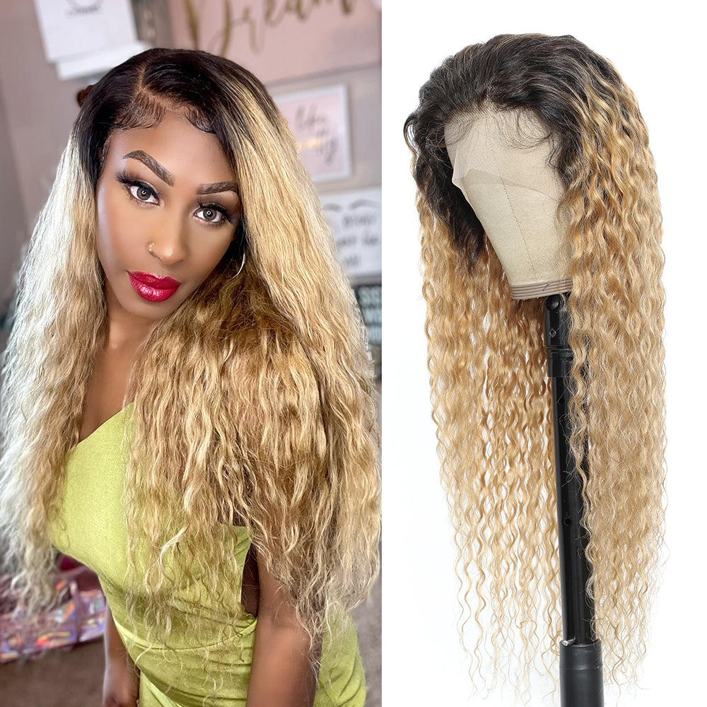 Kemy Hair Custom  Ombre Honey Blonde Water Wave Human Hair 13x4 Lace Frontal Wigs