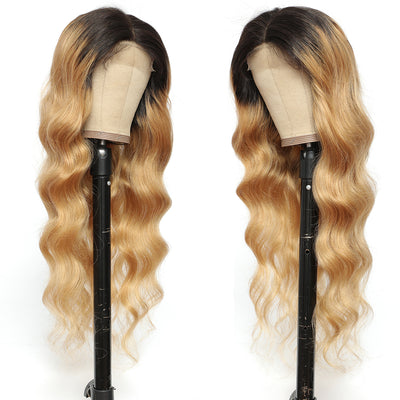 Kemy Hair Custom ombre 27 Body Wave Human Hair 4x4 Lace Closure wigs 16''-26''(T1B/27)