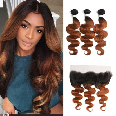 Kemy Hair Ombre Ginger Brown Body Wave Human Hair 3Bundles with  4×13 Frontal（T1B/30）