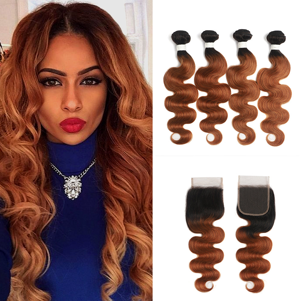 Ombre 30 Body Wave 4 Human Hair Bundles with One 4×4 Free/Middle Lace Closure (4251434942534)