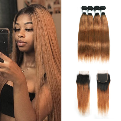 Ombre 30 Straight 4 Human Hair Bundles with One 4×4 Free/Middle Lace Closure (4251450015814)