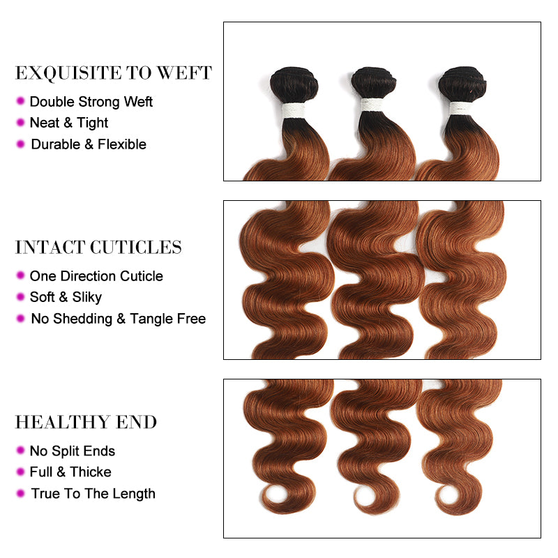 Kemy Hair Ombre Ginger Brown Body Wave Human Hair 3Bundles with 4×4 Lace Closure
