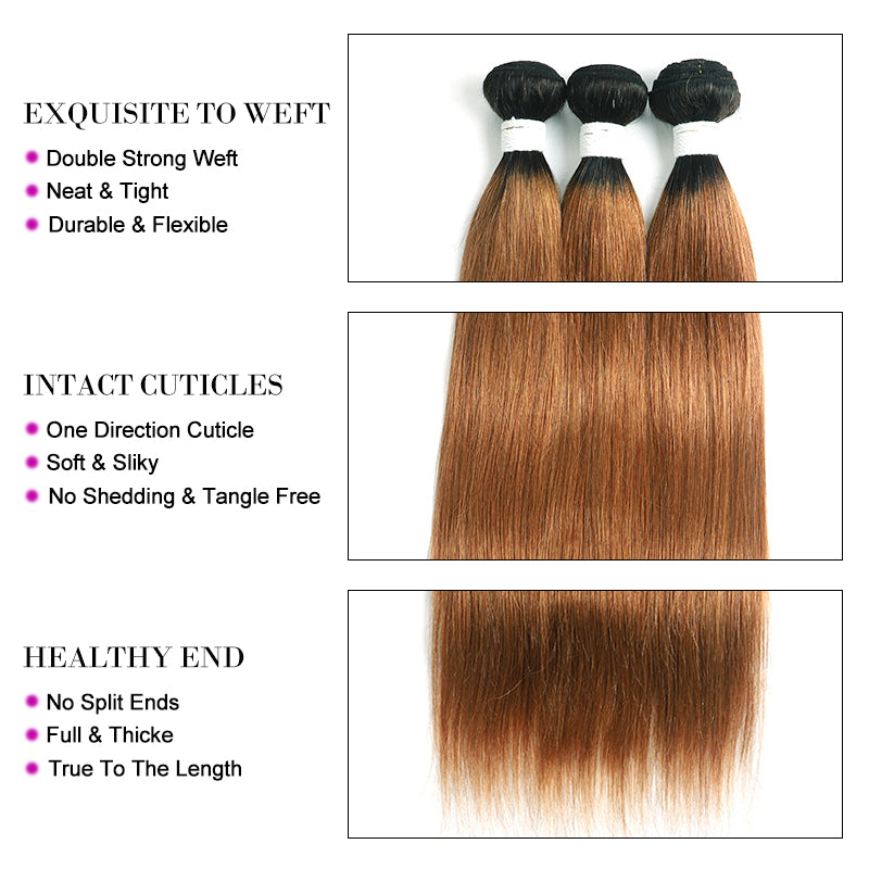 Kemy Hair Ombre Ginger Brown Straight Human Hair 3Bundles with 4×4 Lace Closure