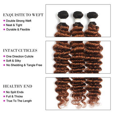 Kemy Hair Ombre Brown Ginger Deep Wave Human Hair 3Bundles with 4×13 Lace Frontal（T1B/30）