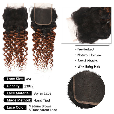 Kemy Hair Deep Wave Human Hair Bundles with Closure Ombre Brown 3 Bundles