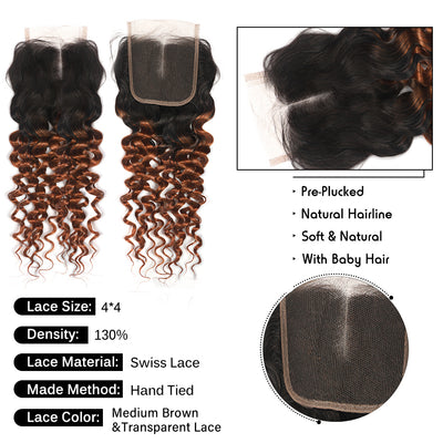 Kemy Hair Deep Wave Human Hair Bundles with Closure Ombre Brown 3 Bundles